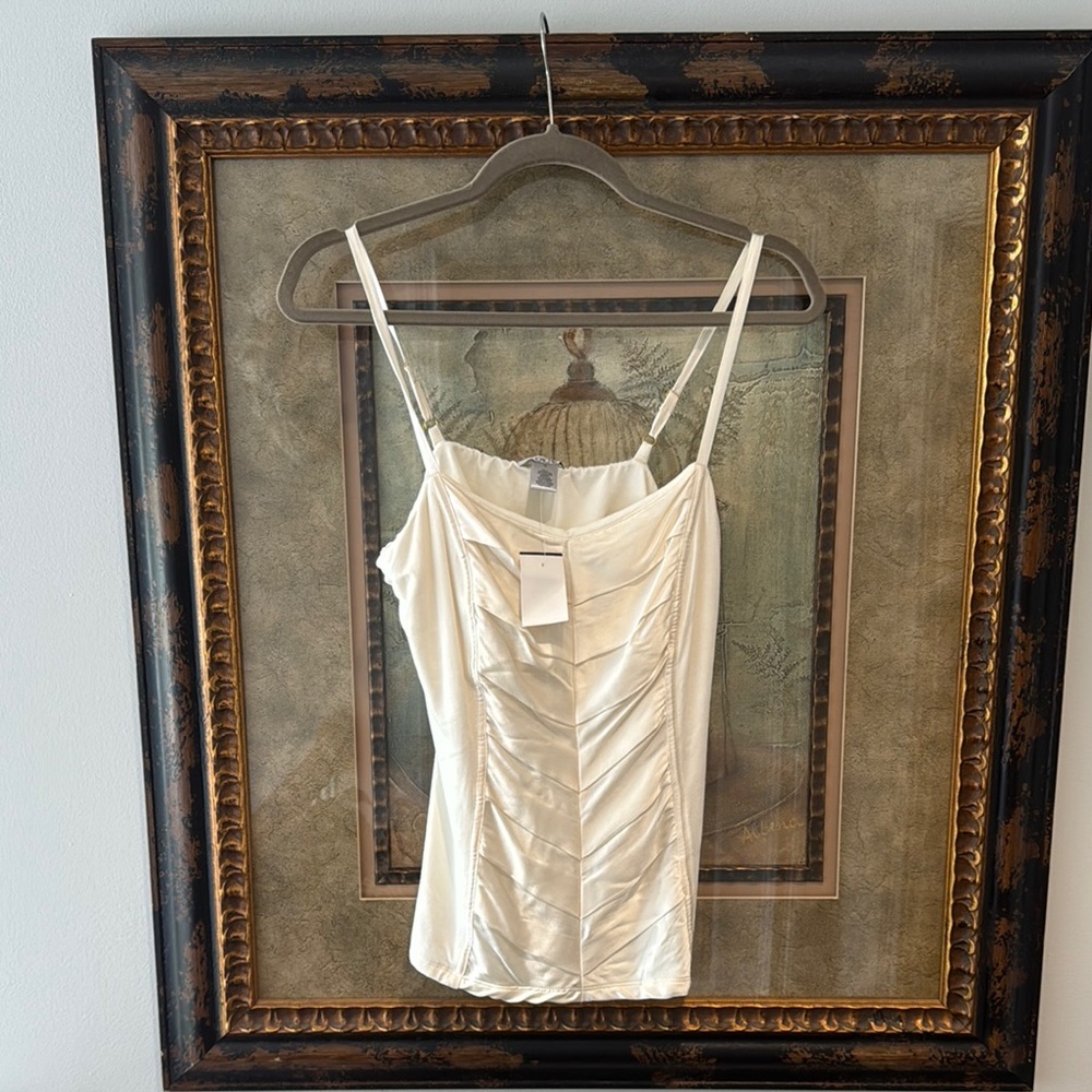 NWT Cache Ivory Ruched Satin Fitted Top w/ Spaghetti Straps